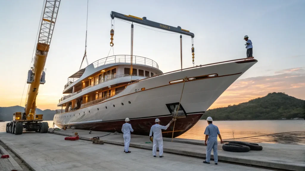 Hull detailing and coating work on a vessel