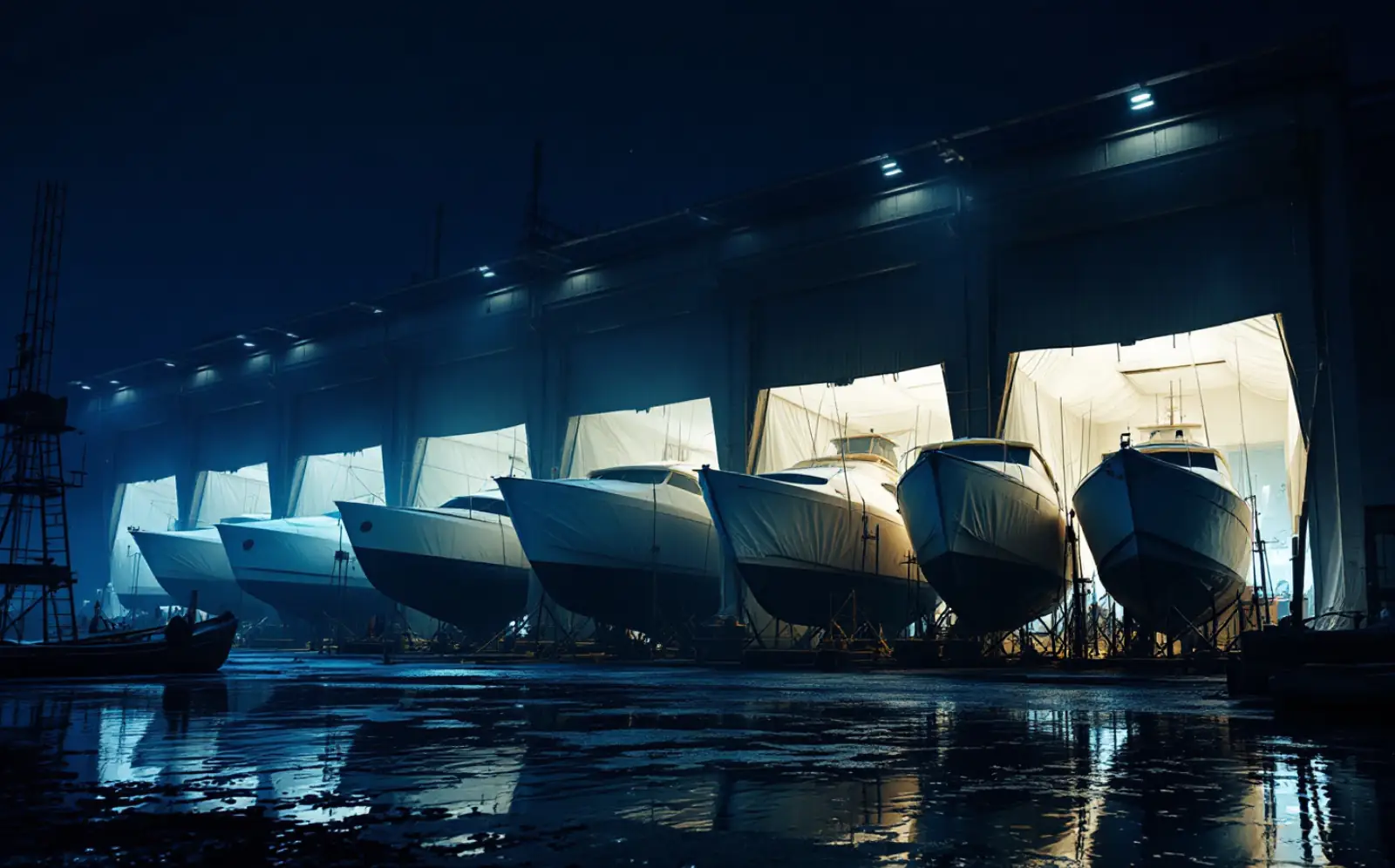 Boatyard hardstand at night with hulls under white sheeting containment and work lamps glowing through the sheeting