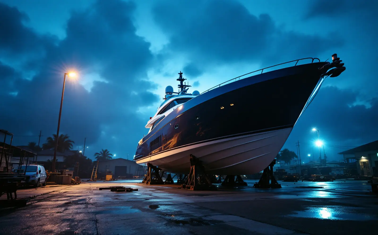 Motor yacht standing on hardstand blocks at a Bali boatyard in the blue hour, hull freshly pressure-washed