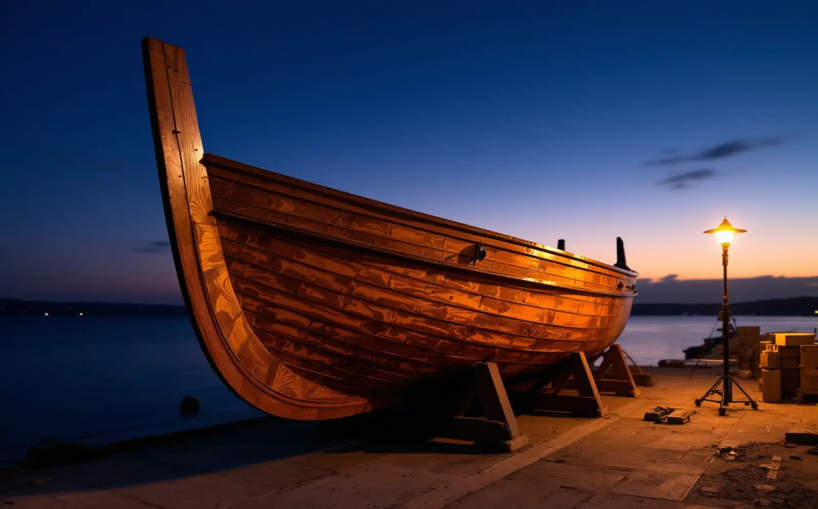 Traditional timber hull on a slipway cradle at dusk with planking seams opened for recaulking
