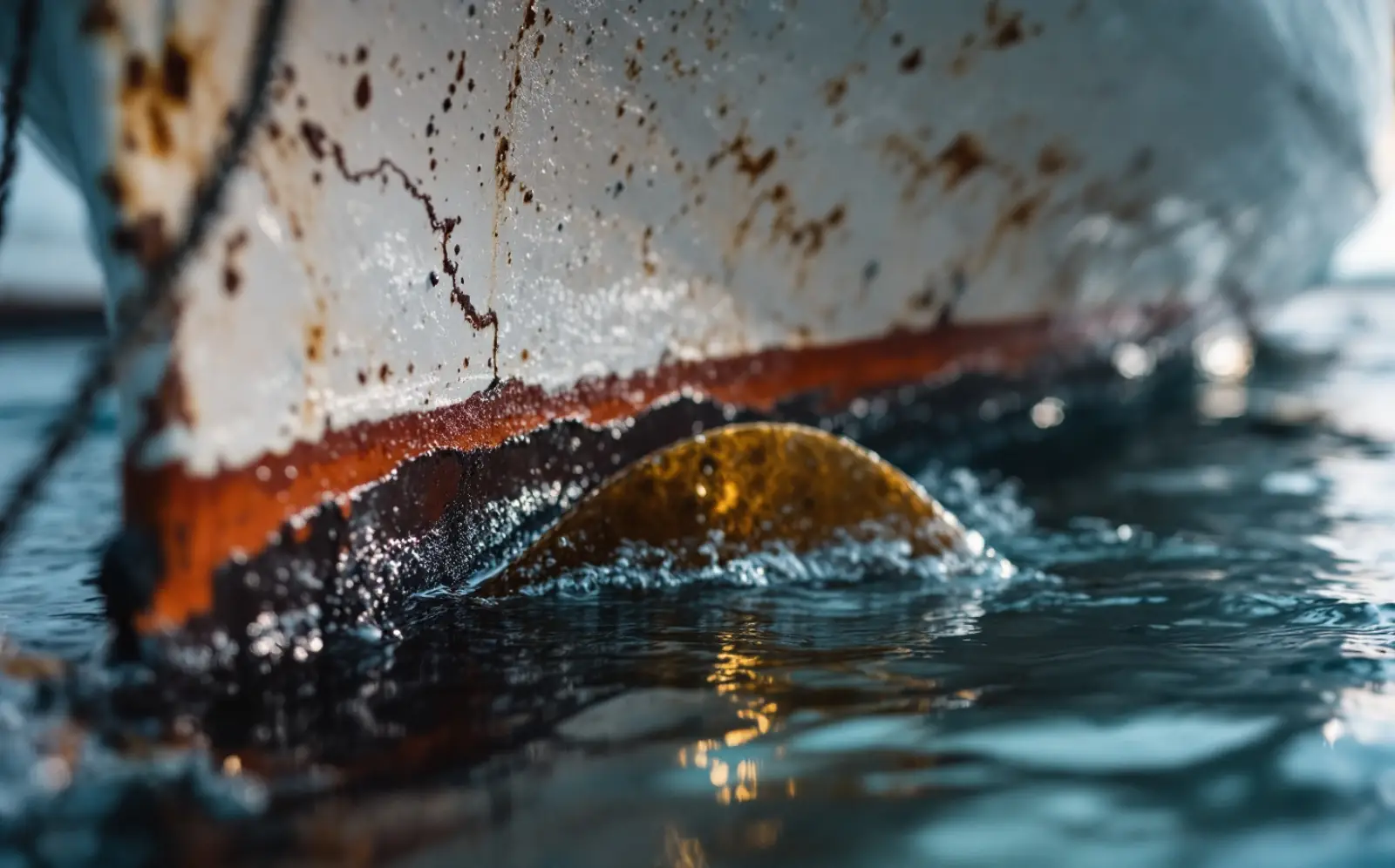 Waterline detail of a hauled hull showing a bronze propeller and a heavily wasted zinc anode against a sharp antifoul paint edge